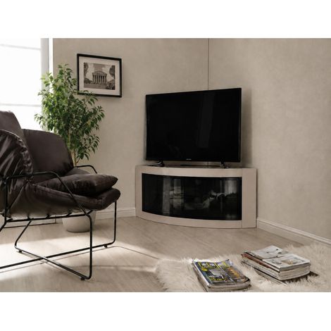 Homeology PANGEA Gloss Black and Greige Beam-Thru Glass Doors Curved Unit Tru-Corner 32"-50" TV Cabinet (1/2)