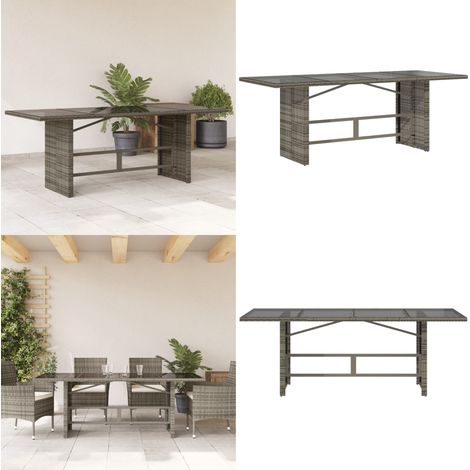 Tavolo da Giardino Piano in Vetro Grigio 190x80x75cm Polyrattan - Tavolo da giardino in rattan - Tavolo da giardino in acciaio