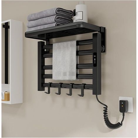 Sèche-serviettes mural avec étagère supérieure, 95 W, minuterie intégrée de 1 à 9 heures, réglage de la température, enfichable, noir (1/4)