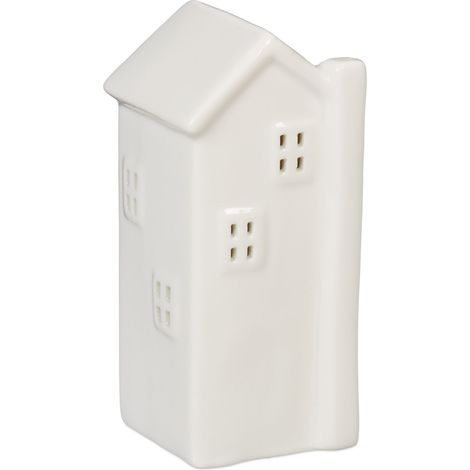 Relaxdays Casetta Portacandele in Ceramica, Casa Luminosa Porta-Tealight, per 1 Candelina, HLP: 13,5 x 6 x 6 cm, Bianco