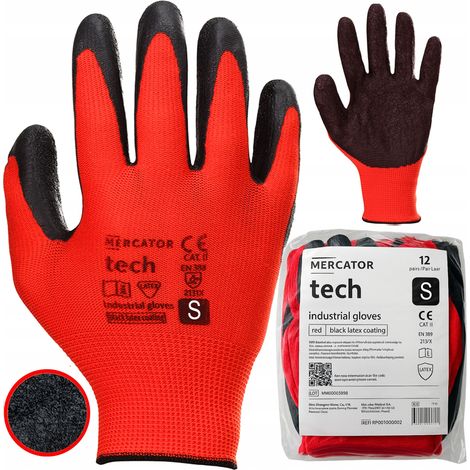Guantes de trabajo de látex MERCATOR Tech rojos y negros - Talla S - 12 pares