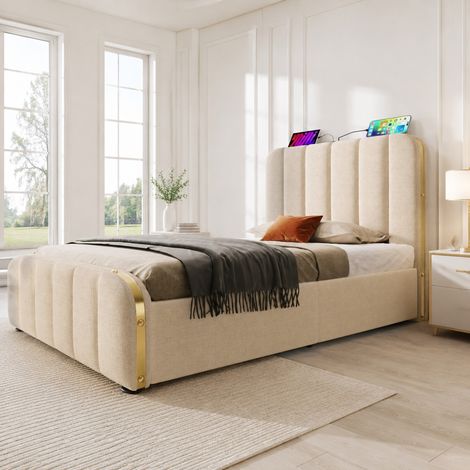 CHICFURN Cama canapé 90x200 beige lino con USB Tipo C, almacenaje hidráulico, sin colchón (1/5)