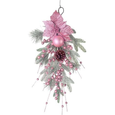 Couronne Noël rose 55cm boules décoratives porte fenêtre (1/5)