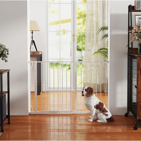 Barrera de seguridad para perro, 75-115x76 cm, blanca, doble cierre, apertura bidireccional y sin taladrar (1/5)