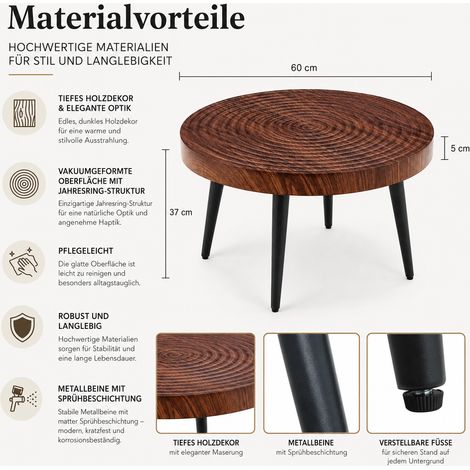 Table basse ronde en bois foncé, plateau épais de 5 cm avec cernes naturels, pieds métalliques noirs, parfaite pour petits salons et espaces compacts. (1/5)