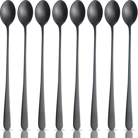 Cuillères à lait, 22,3 cm, en acier inoxydable, avec long manche, idéales pour mélanger le thé glacé, les desserts, les cocktails et les coupes glacées - Noir (1/5)