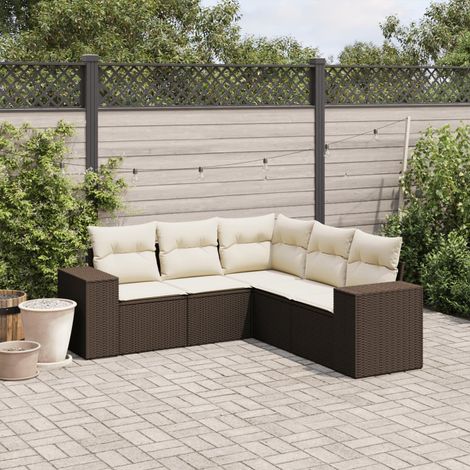 Ensemble de jardin modulaire 5 places en résine tressée marron avec rangement, coussins et housse - Salon d'extérieur complet (1/3)