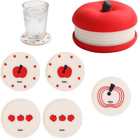 Set di 5 sottobicchieri in silicone, rotondi da 10 cm, resistenti al calore e antiscivolo, ideali per caffè, tè e altre bevande. Design con simpatici frutti. Accessorio da cucina, idea regalo decorati (1/5)