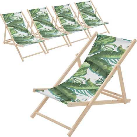 ECD Germany 5x Sedia a Sdraio Pieghevole in Legno con Tessuto Traspirante Verde-Bianco Tropicale, Schienale Reclinabile in 3 Posizioni Lettino Relax con Portata 120 kg per Spiaggia Giardino e Terrazzo