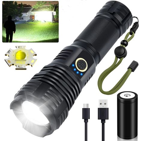 Linterna LED recargable de 90000 lúmenes, XHP70.2, con zoom, resistente al agua IPX55, 5 modos, ideal para camping, senderismo y emergencias. (1/5)