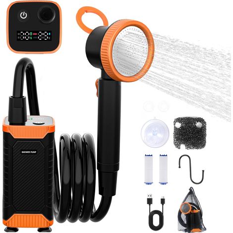 Douche de Camping, 8000mAh Douche Portable avec Pomme de Douche Filtrante, Pompe de Douche Électrique Rechargeable Étanche IPX8, Kit Douche Exterieur pour Camping, Animaux, Randonnée, Voyage (1/5)