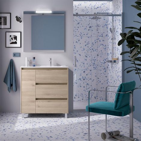 Ensemble complet Noja 850 3 tiroirs et 1 porte gauche Nature + meuble-lavabo + miroir + lampe (1/3)