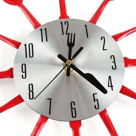 Grande Horloge Murale de Cuisine de 16 Pouces avec CuillèRes et Fourchettes, Vaisselle 3D Horloge Murale DéCoration de (Rouge) (1/5)