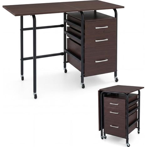 COSTWAY Scrivania Salvaspazio con 3 Cassetti e Ruote Bloccabili, Scrivania Porta PC Pieghevole con Struttura in Metallo per Studio e Ufficio, 105 x 51 x 74 cm (Marrone) (1/5)