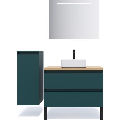 Meuble de salle de bain suspendu vasque à poser 90cm 2 tiroirs Bleu + miroir + colonne ouverture gauche - Hudson (1/5)