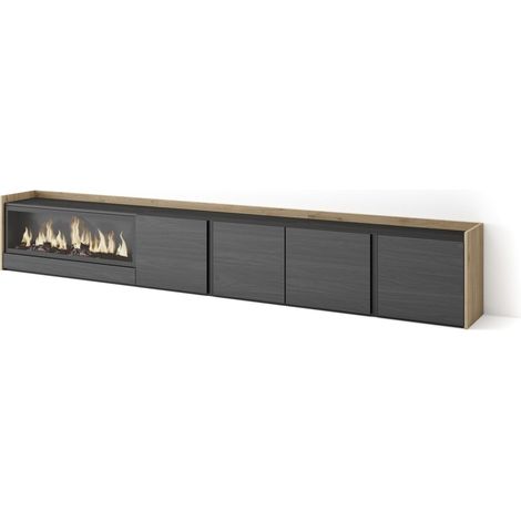 Skraut Home - Mueble TV, Televisión, Muebles de salón, almacenaje, 315x35x50cm, Para TV hasta 80", Chimenea eléctrica XXL, Estilo Moderno, Negro y roble (1/5)