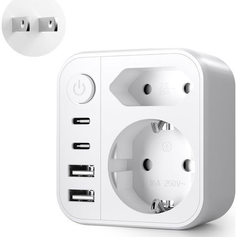 6 en 1 Adaptateur Prise Japon, Adaptateur de Voyage Japon, Connecteur de Voyage France vers Le J-apon avec 2 USB A& 2 USB C, Connecteur Schuko vers Type A pour Les États-Unis, J-apon, Canada