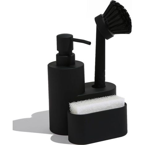 Distributeur Liquide Vaisselle - Porte Éponge Et Brosse - Plateau Récupérateur D'eau - Noir - 1 Pièce (1/5)