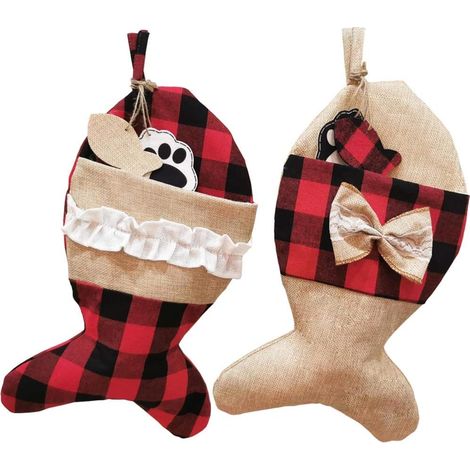 Lot de 4 Chaussettes Noël Animaux, Toile de Jute, Motif Poisson, Coton PP, Décoration Sapin Cheminée (1/5)