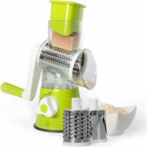 TrAdE Shop Traesio - Tagliaverdure Grattugia Multifunzione Manovella Rotante Manuale Con 3 Lame Intercambiabili - (1/3)