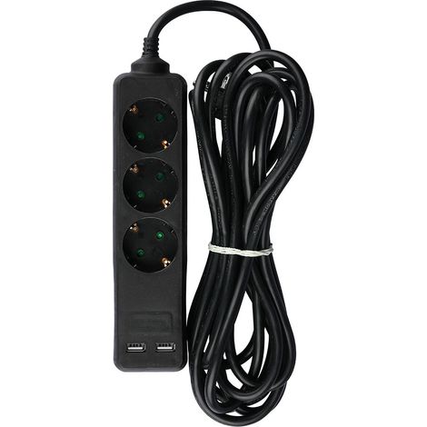 V-TAC Adapters & Sockets - 3 Ways - USB Extension Socket - IP20 - Black - 5 m wire