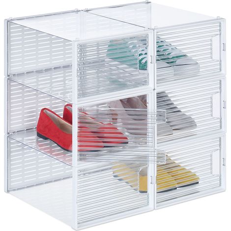 Relaxdays Set 6 Scatole di Plastica per Scarpe fino al N. 45, Scarpiera con Box Impilabili, Shoe Organizer, Trasparenti