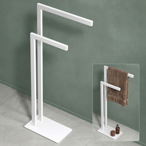Mai & Mai Porte-Serviettes Autoportant sur Pied en Inox 304 Séchage par Étages pour Salle de Bain Espace de Rangement sur Base Support de Serviettes à 2 Niveaux Blanc Mat Tavrin-02 (1/5)