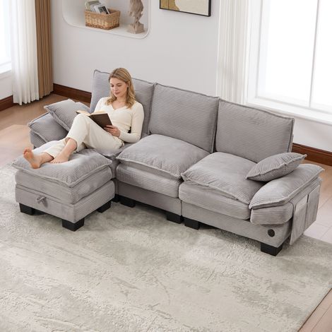Canapé modulaire 3 places avec 1 tabouret en velours côtelé,siège ergonomique,mousse haute densité,port USB-C et poches latérales,gris clair. (1/5)
