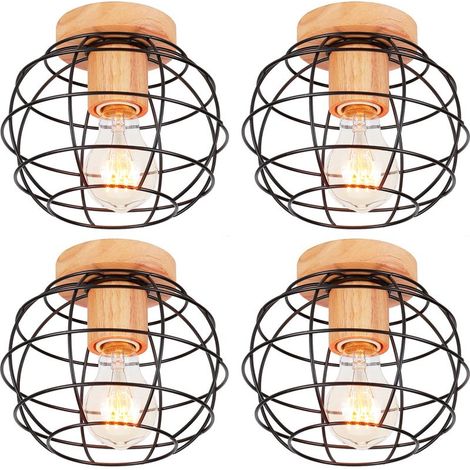 4PCS Plafonnier Vintage Rétro Luminaire Industrielle en Métal et Bois E27 40W Noir (1/5)