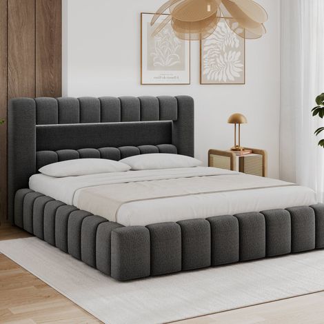 Letto contenitore 140x200 con rete e luci LED incluse, modello Auria, finitura testurizzata grigio scuro (1/5)