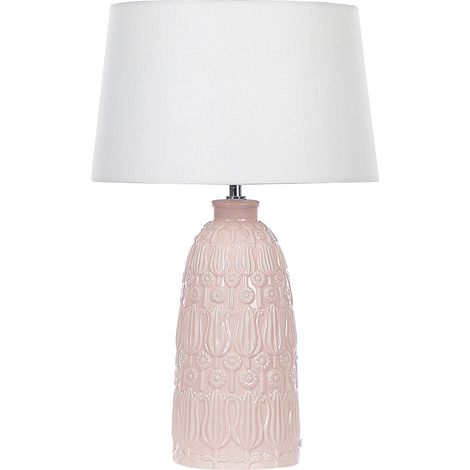 Lámpara de mesa base de cerámica rosa pantalla de tela blanca 56 cm boho rústico Zarima