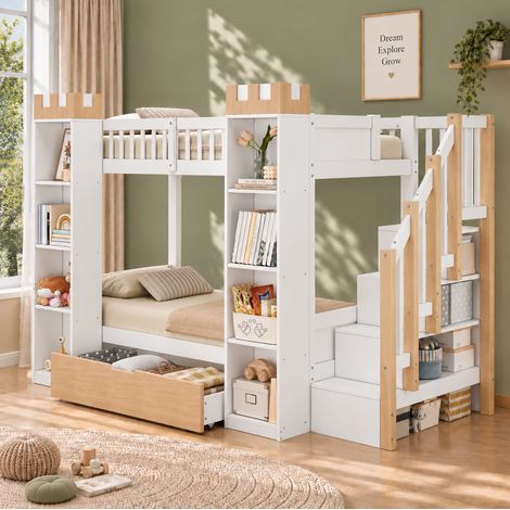 Letto a castello per bambini 90x200 cm in legno bianco con scala contenitore - CHICFURN (1/5)