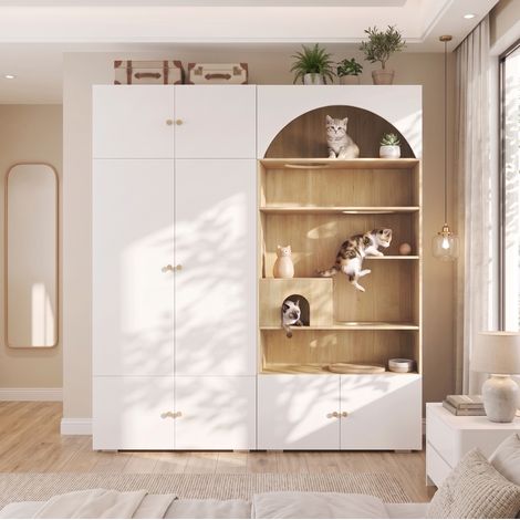 Armoire penderie avec espace chat et mur d’escalade, 180 x 50 x 200 cm, blanc effet bois, OKWISH (1/5)