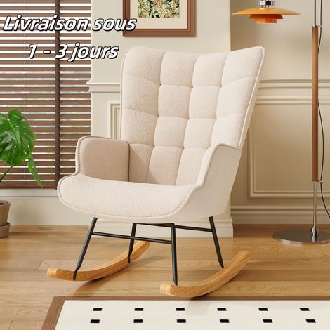Sedia a dondolo - comoda sedia a dondolo in peluche - schienale alto - braccioli imbottiti - schiuma ad alta densità - gambe in faggio naturale - Beige
