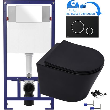 Matt Black Rimless ECO Wall Hung Toilet Pan, Seat & 1.12m Concealed WC 3-in-1 Cistern Frame inc. Flush Plate