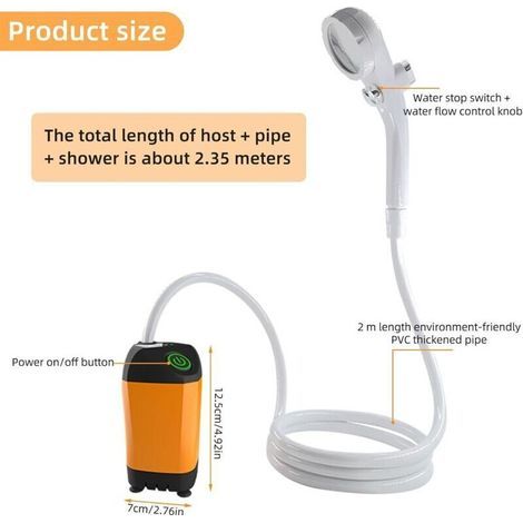 Douche de camping portable rechargeable avec pompe à affichage de la température, ensemble de douche d'extérieur mobile avec pommeau de douche et tuyau pour randonnée, voyage, plage, (1/3)