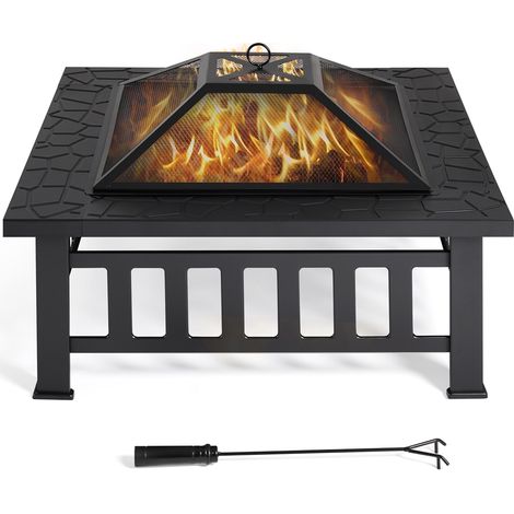 Yaheetech – Brasero extérieur carré 86x86x54cm – Acier noir avec couverture en maille – Contenant spacieux pour bois – Circulation d'air optimisée