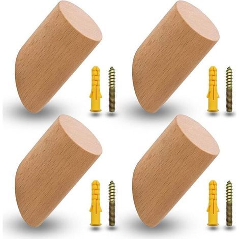 Lot de 4 patères en hêtre, patères en bois, crochets, crochets muraux avec 4 vis et tubes d'expansion pour bureau, cuisine, maison, vêtements (6 cm) (1/5)