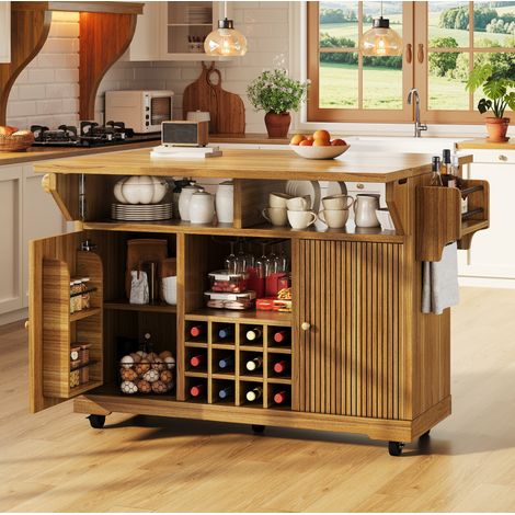 Desserte de cuisine sur roulettes 142,5x40/80x95 cm avec plateaux rabattables, rangement, porte-bouteilles MDF brun
