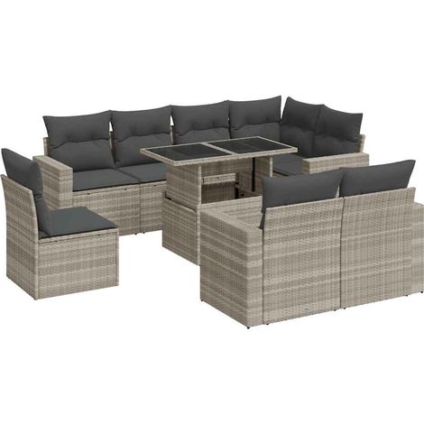 Tavolo da giardino - vidaXL Set Divano da Giardino 9pz con Cuscini Grigio Chiaro Polyrattan - Rattan PE (1/5)