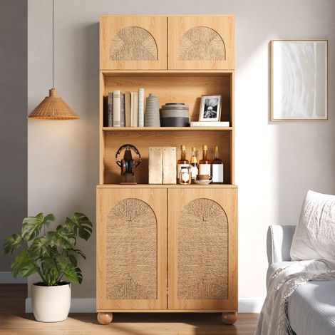 Modernluxe - Buffet haute 80x40x180 cm - 4 portes tressées - Panneaux de particules et MDF - Pieds en pin - Naturel (1/5)
