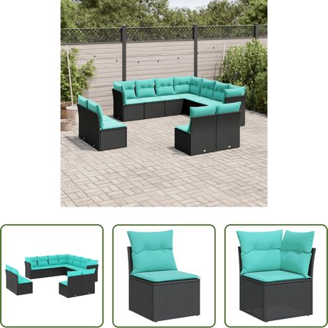 Gartenmöbel - 11-teiliges Gartensofa-Set mit Kissen, schwarzes Polyrattan (1/5)