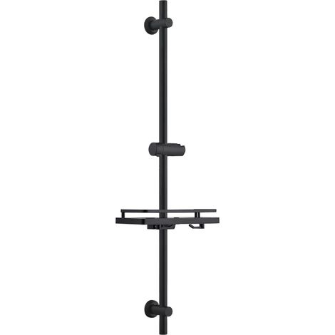 Barre de douche en acier inoxydable 100 cm avec support de douchette réglable, supports muraux compatibles avec trous de existants, colonne de douche avec étagère, noir (1/5)