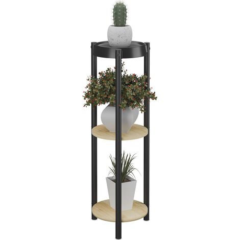 Relaxdays Pflanzenständer rund, 3 Ablagen, Blumenständer für innen, HBT: 71x24x24 cm, Blumenregal, Metall, schwarz/natur