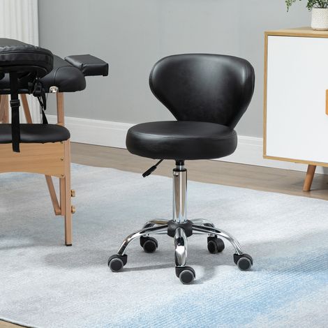 Rollhocker, Massagehocker - 360° drehbarer Arbeitshocker - verstellbare Sitzhöhe 49-64 cm, ergonomische Rückenlehne - verchromtes Metall mit schwarzem Kunstlederbezug