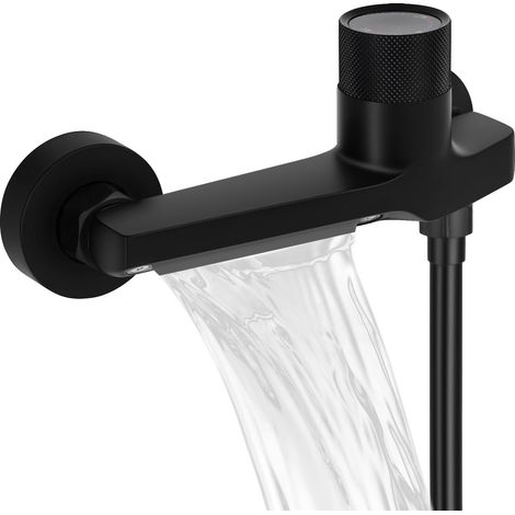 Robinet de baignoire cascade avec thermostat 2 sorties, robinet de douche avec bouton de sécurité, robinet de baignoire, mitigeur de douche, pour baignoire et salle de bain, chrome noir (1/5)