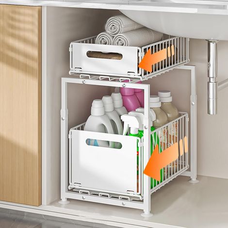 Étagère de Rangement Sous Évier en Métal 2 Niveaux, Tiroir Coulissant Organisateur Placard Cuisine Salle de Bain, Rangement Gain de Place Plan de Travail (1/5)
