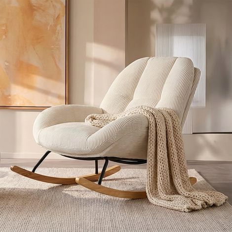 Meuble Cosy Fauteuil à Bascule Scandinave, Rocking Chair en Velours Côtelé, Chaise à Bascule Allaitement, Pieds en Bois d’Hévéa, pour Salon Chambre, Beige (1/5)