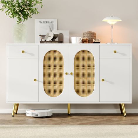 Commode, buffet, bahut  avec 2 tiroirs et 4 portes  étagères réglables en hauteur, convient au salon et à la cuisine  blanc et tons naturels, dimensions : L 140 x P 35 x H 82 cm (1/5)