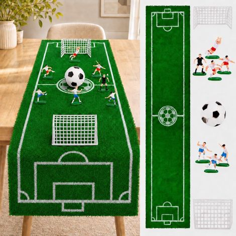 Chemin de Table Gazon Synthétique Foot 40x183 cm - Déco Thème Football avec Mini Joueurs et Ballon - Vert - pour Anniversaire, Fête, Jardin, Intérieur/Extérieur (1/5)